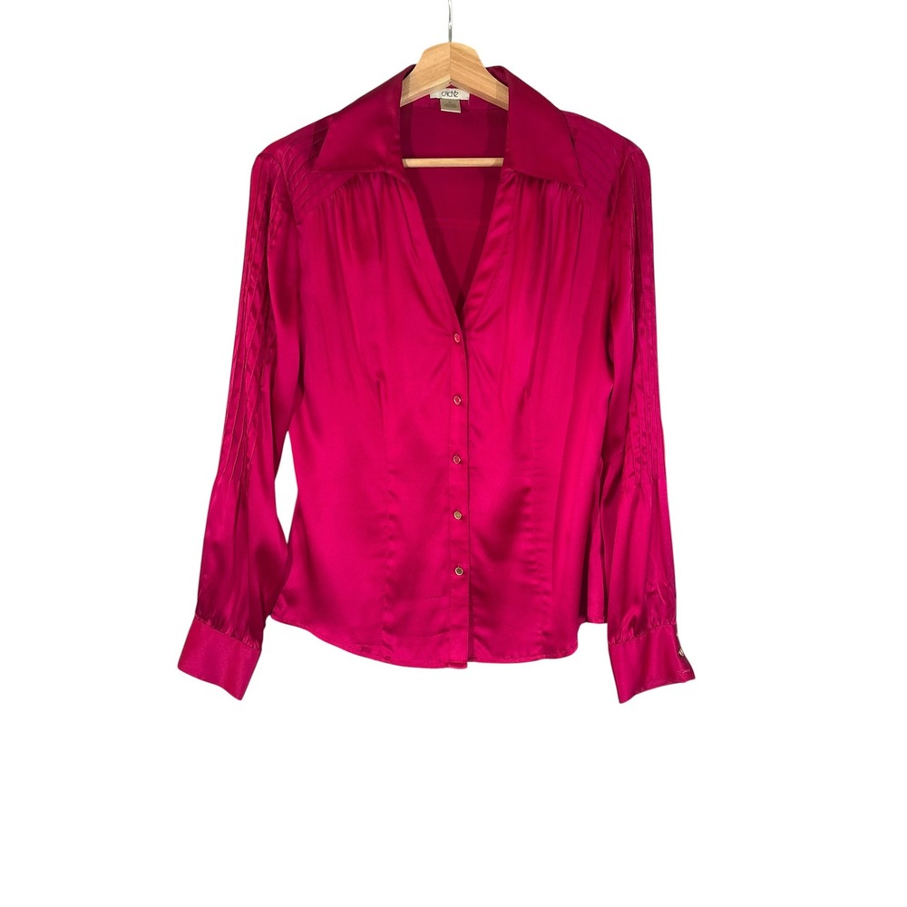 Cache Fuchsia Satin Button-Up Blouse